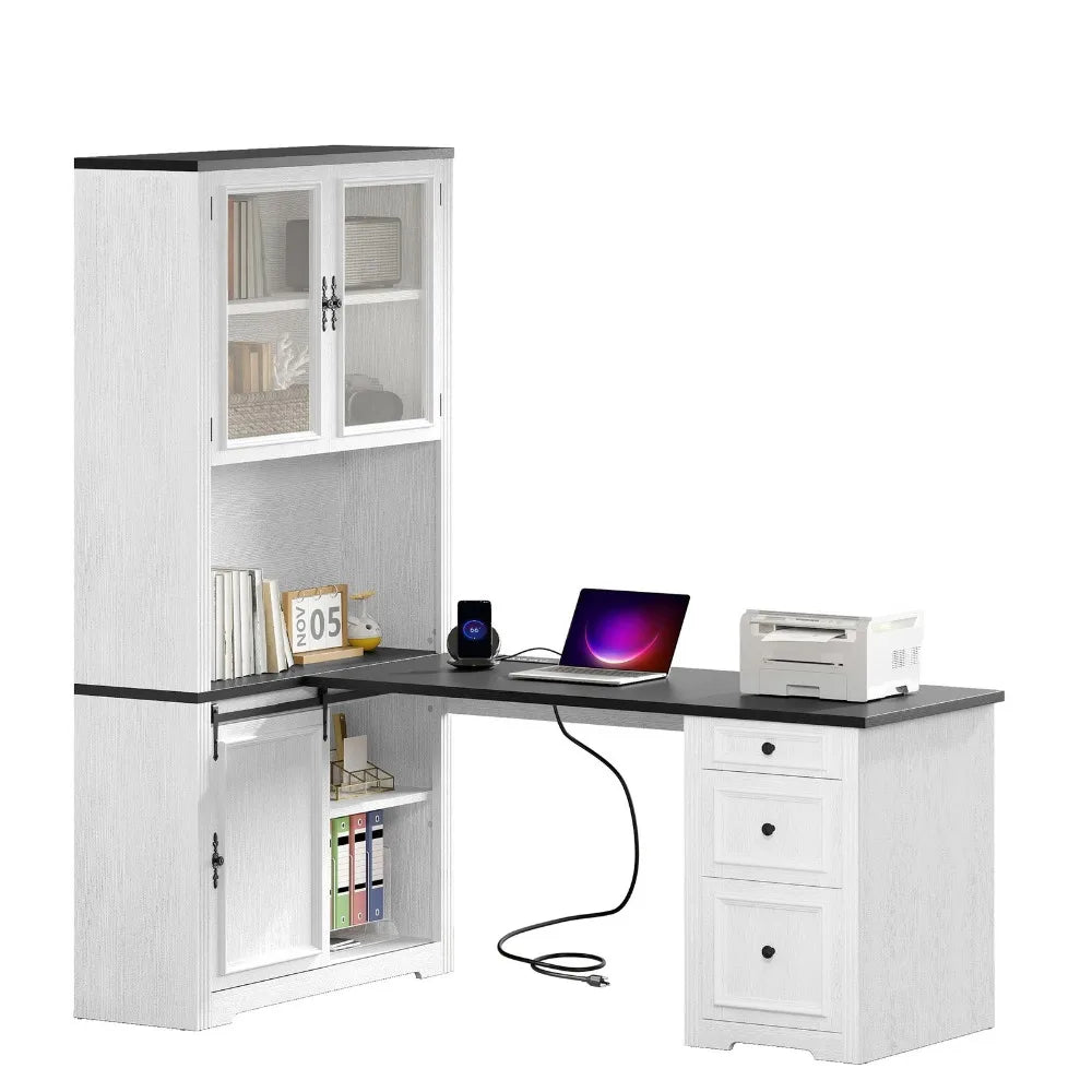 L Shaped Executive Desk With Hutch Drawers And Power Outlet