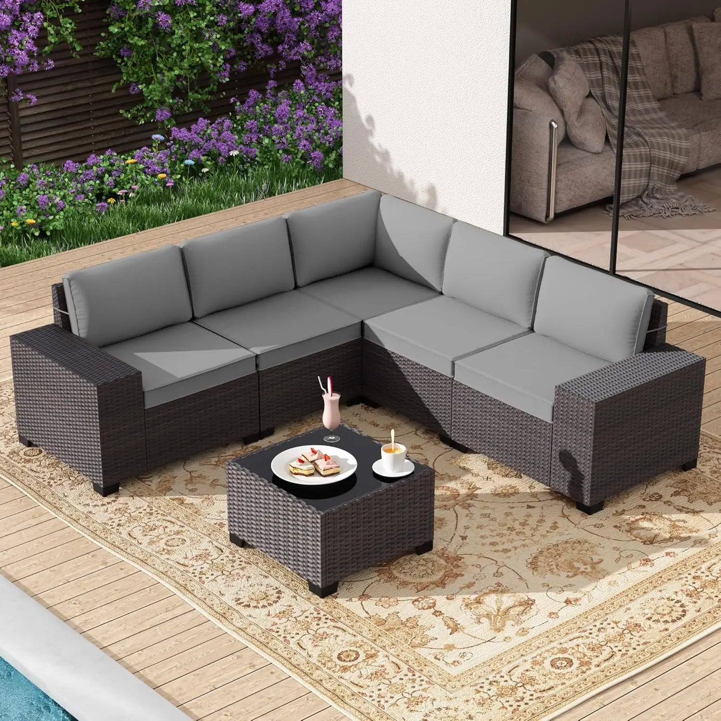 Rattan Patio Furniture Set Outdoor Sectional With Wide Armrests