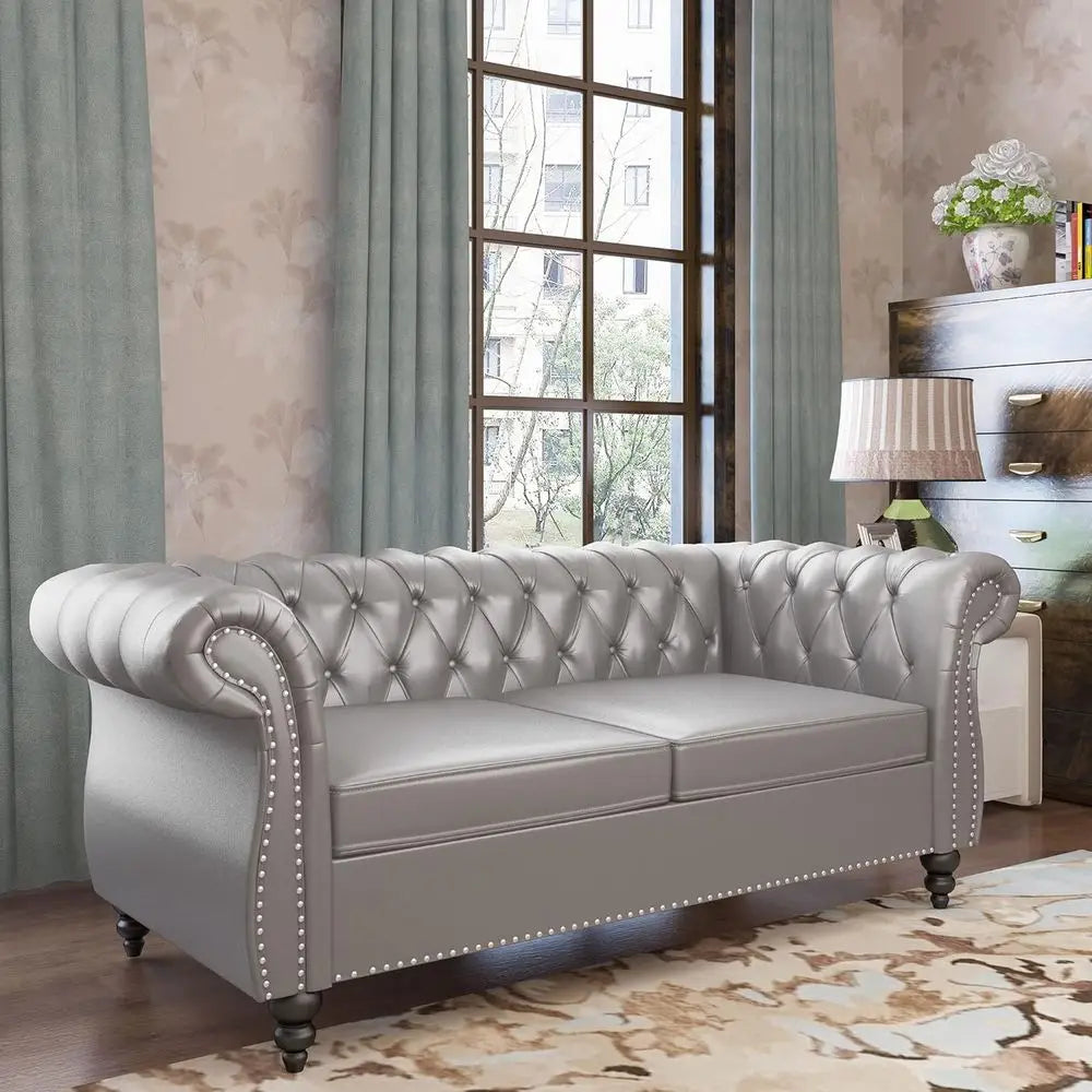 Chesterfield Leather Sofa With Scroll Arms And Nailhead Trim