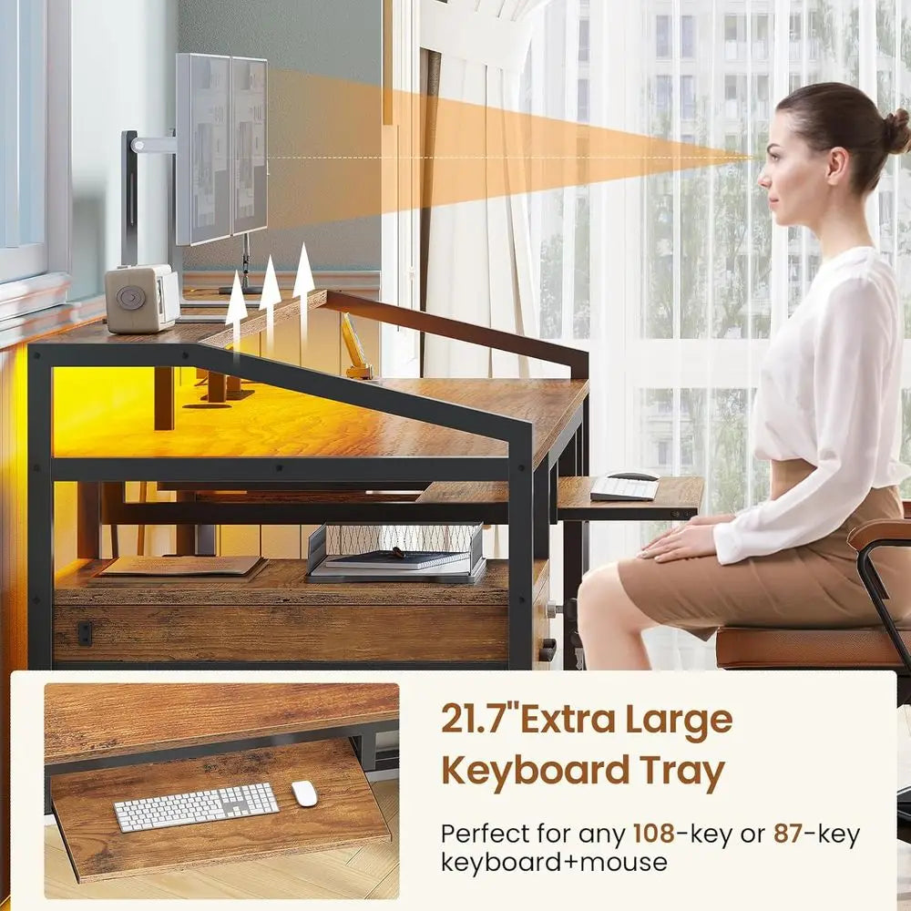 Office Desk With Lockable Drawers LED Lighting Power Outlet