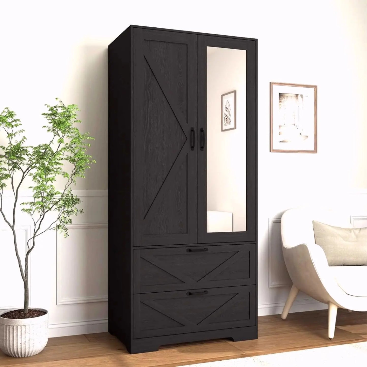 Armoire Wardrobe Closet With Mirror Doors And Hanging Rod Storage