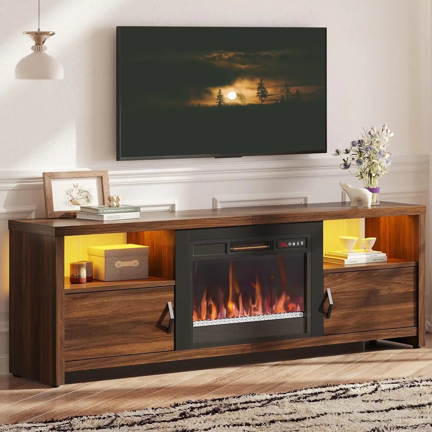 Electric Fireplace TV Stand With LED Lights And Storage Cabinets