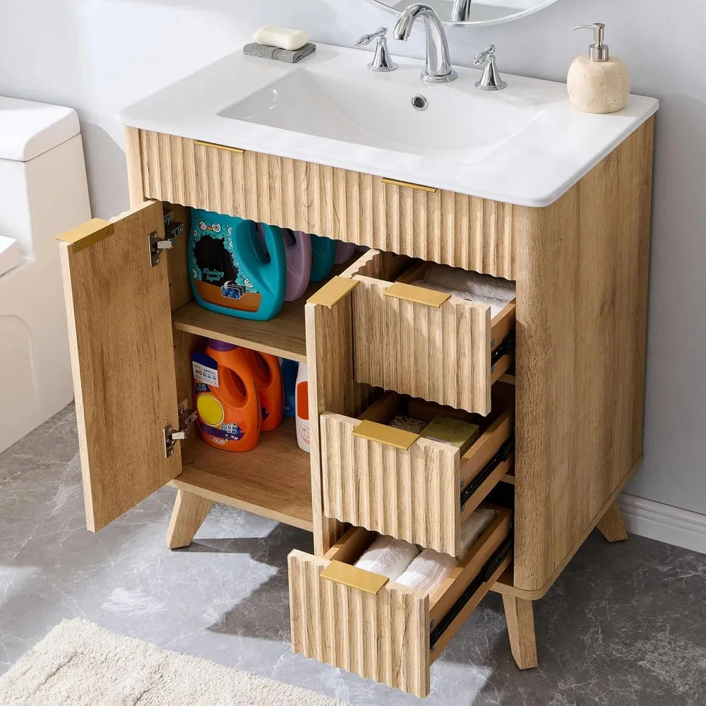Freestanding Bathroom Vanity With Ceramic Sink And 3 Drawers