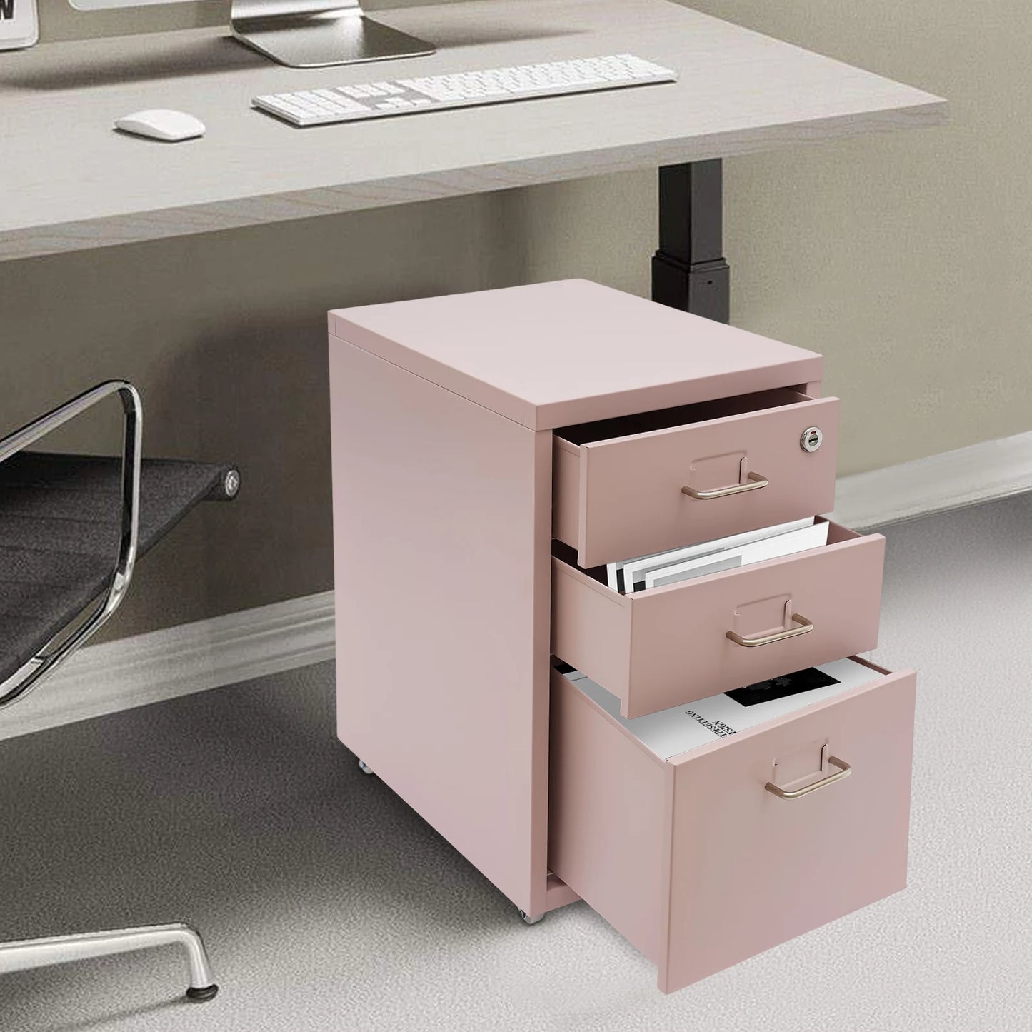 Bymaocar Metal File Cabinet With Wheels Three Drawer Rolling Office And Home Organizer