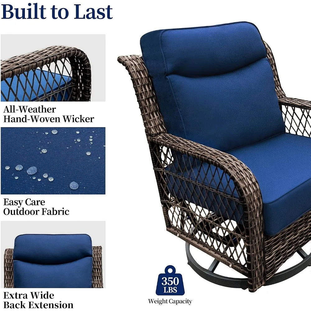 Outdoor Swivel Rocker Chair 3 Piece Set With Rattan Side Table Thick Cushions