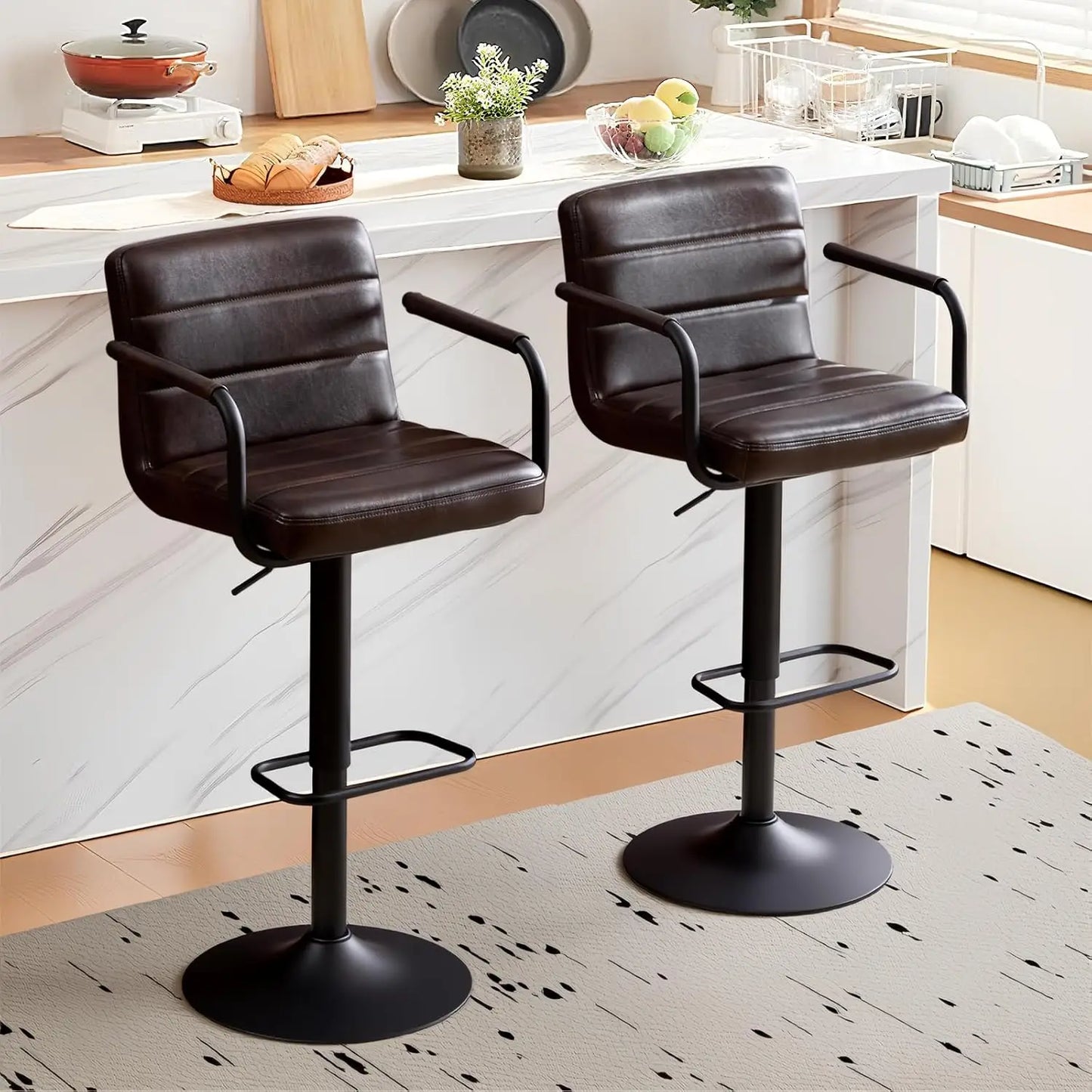 PU Leather Bar Stools Set Of 2 With Swivel Backrests