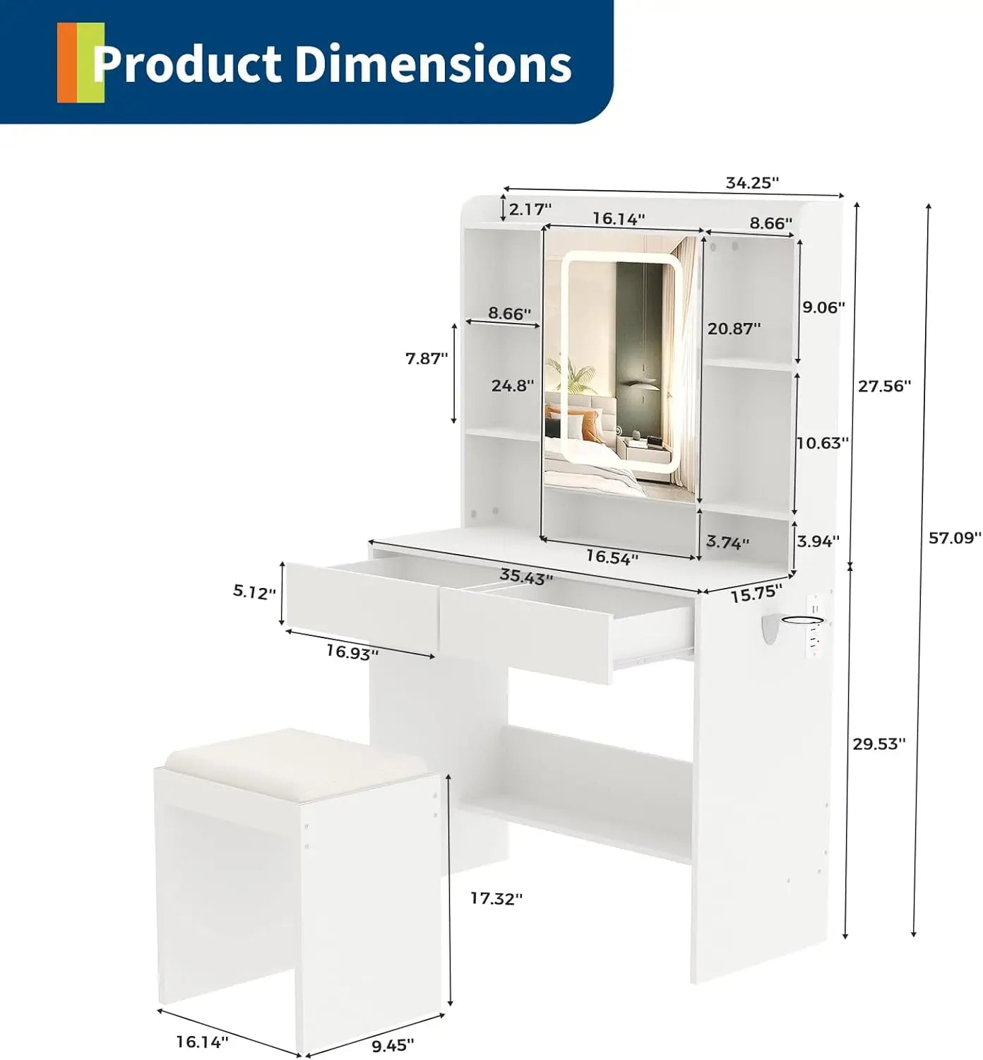 HiMISS Vanity Desk With Mirror And Lights Makeup Table Set