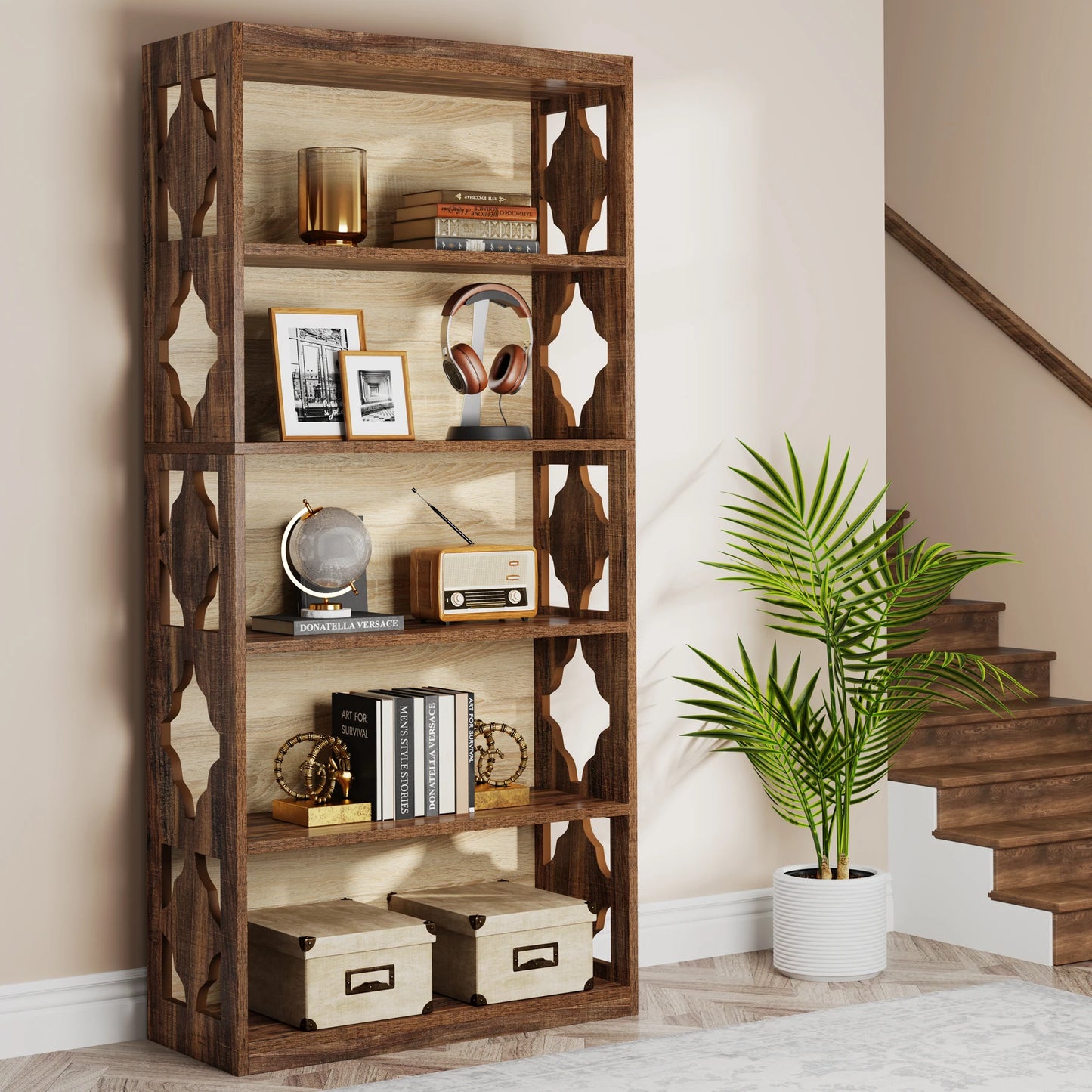Tribesigns Industrial 5 Shelf Bookcase Wood Floor Standing Storage