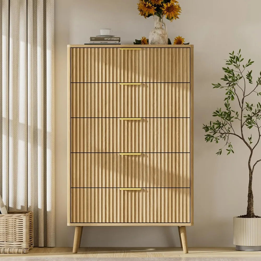 Modern Fluted 5 Drawer Dresser In Oak Finish For Bedroom