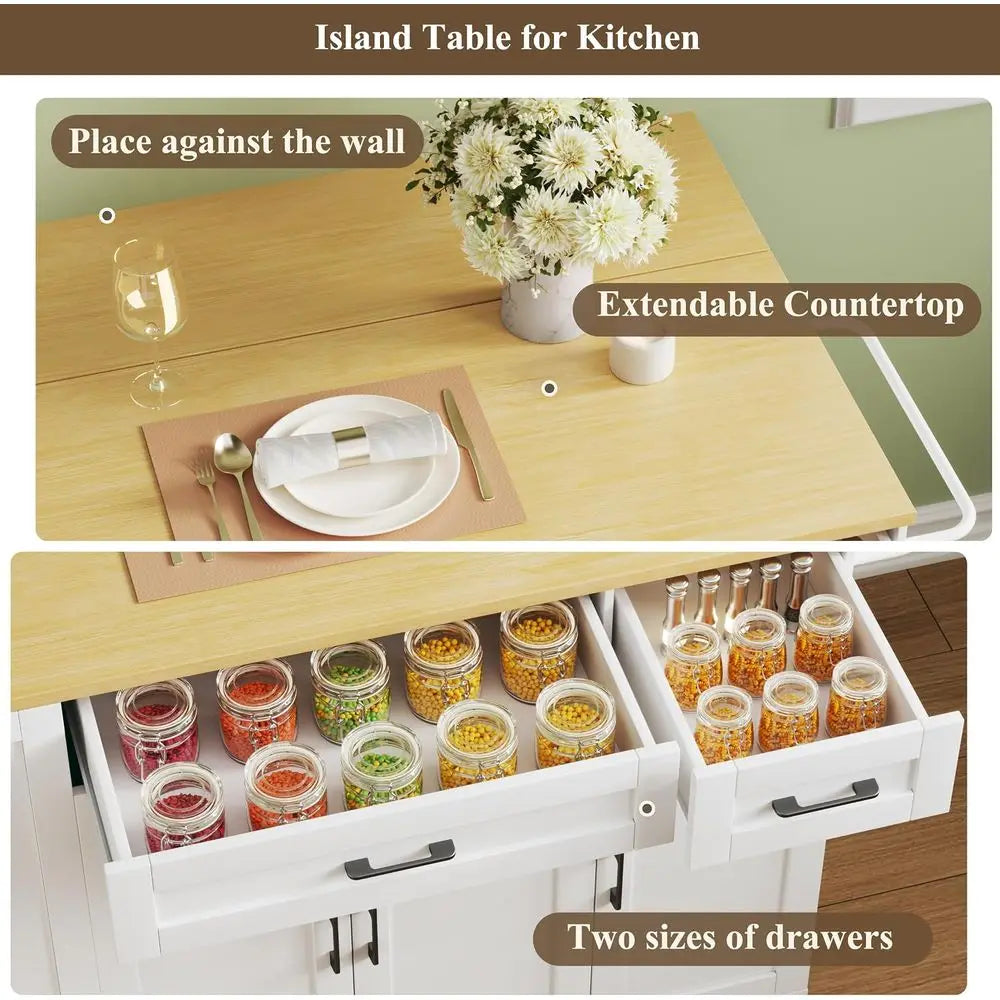 Rolling Kitchen Island With Storage Cabinets And Drop Leaf Seating