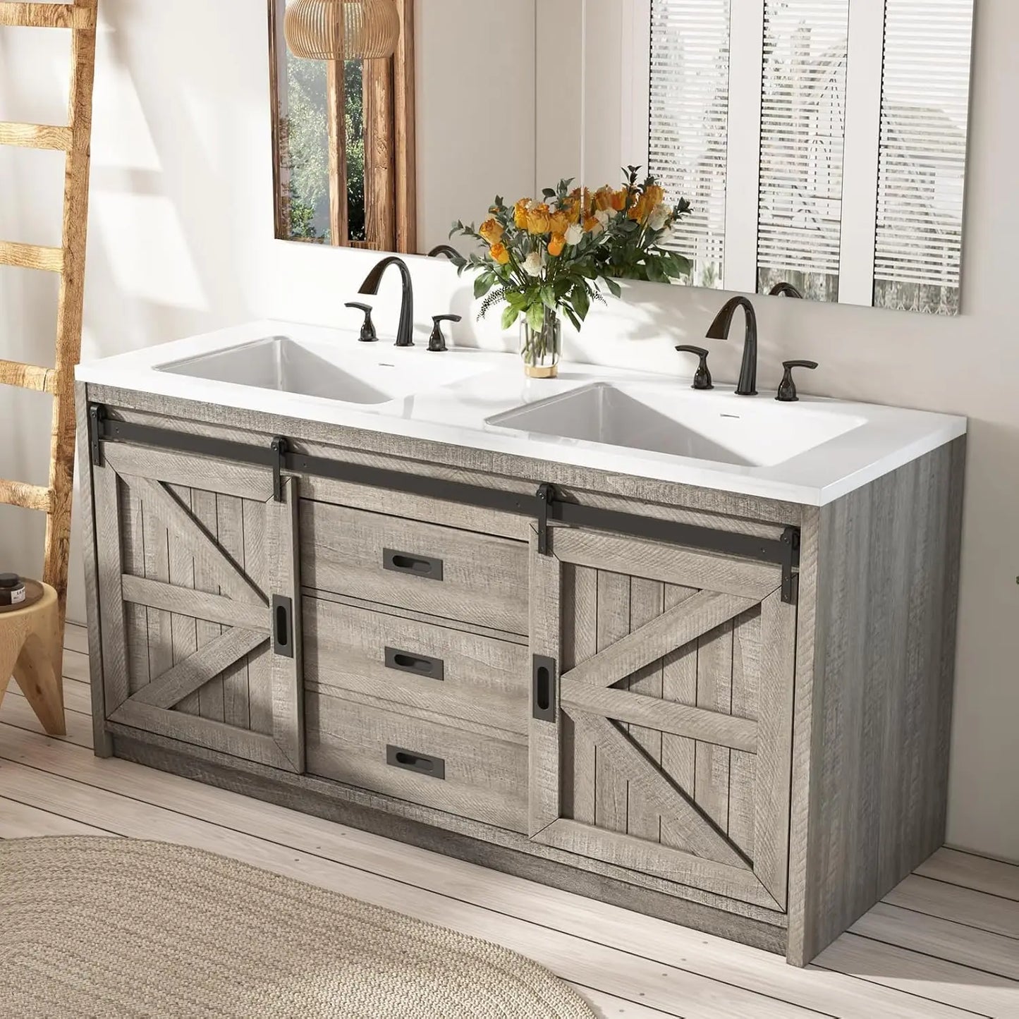 GUANGBAI Farmhouse Sliding Barn Door Double Vanity With Integrated Sink