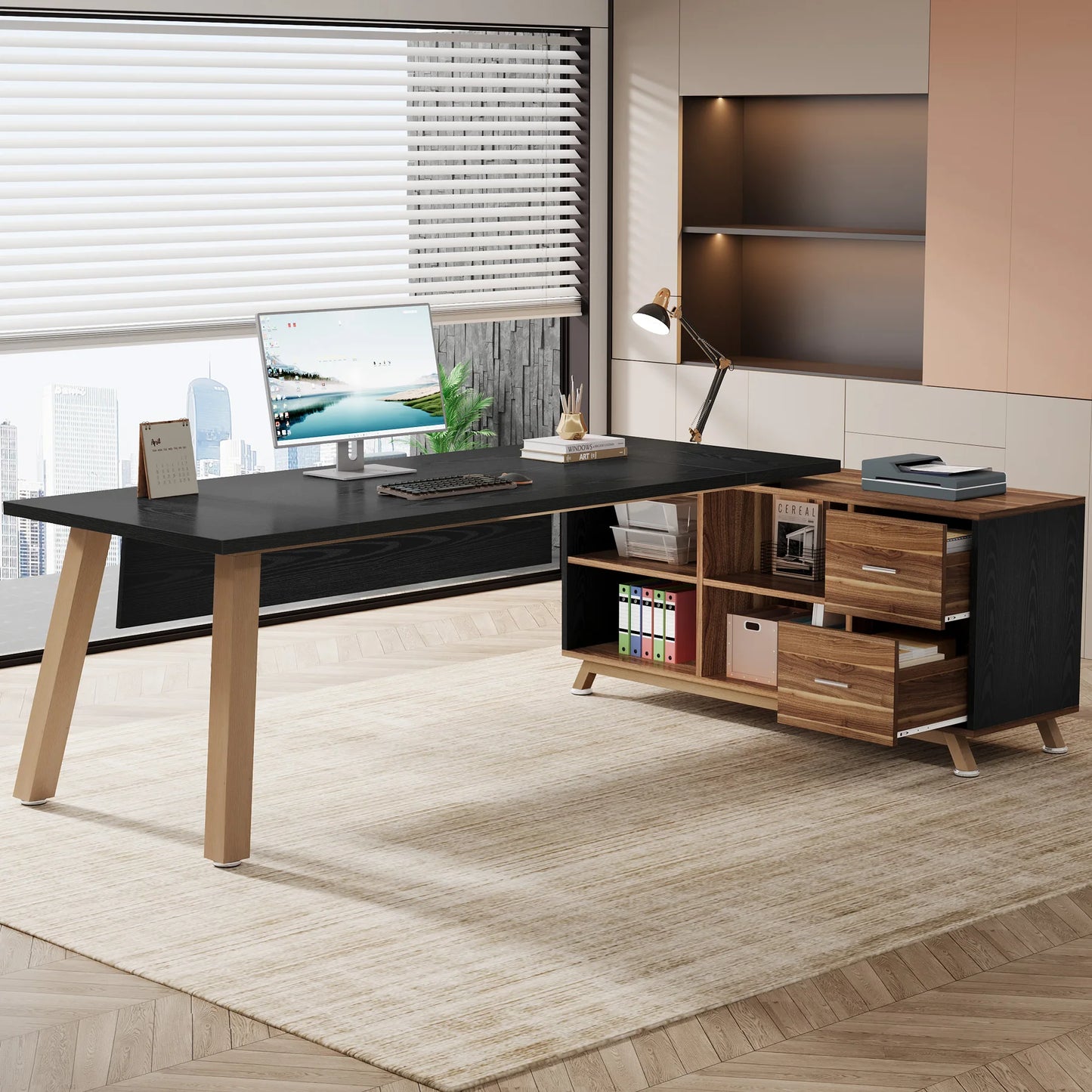 Tribesigns Executive L Shaped Desk With Cabinet And Shelves