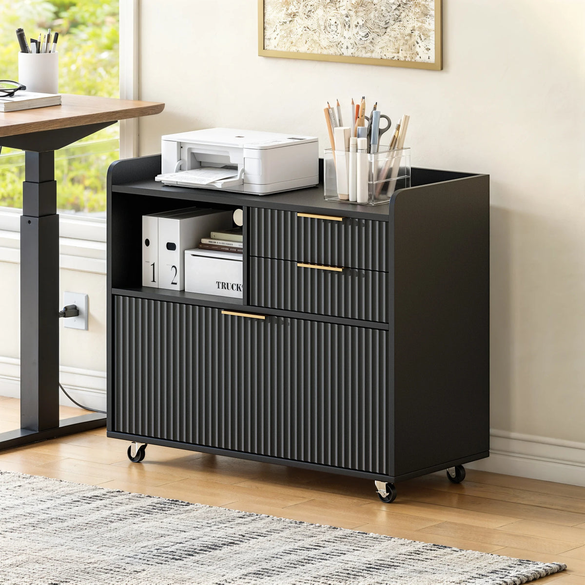 Mobile Office Filing Cabinet With Charging Station And Open Shelf