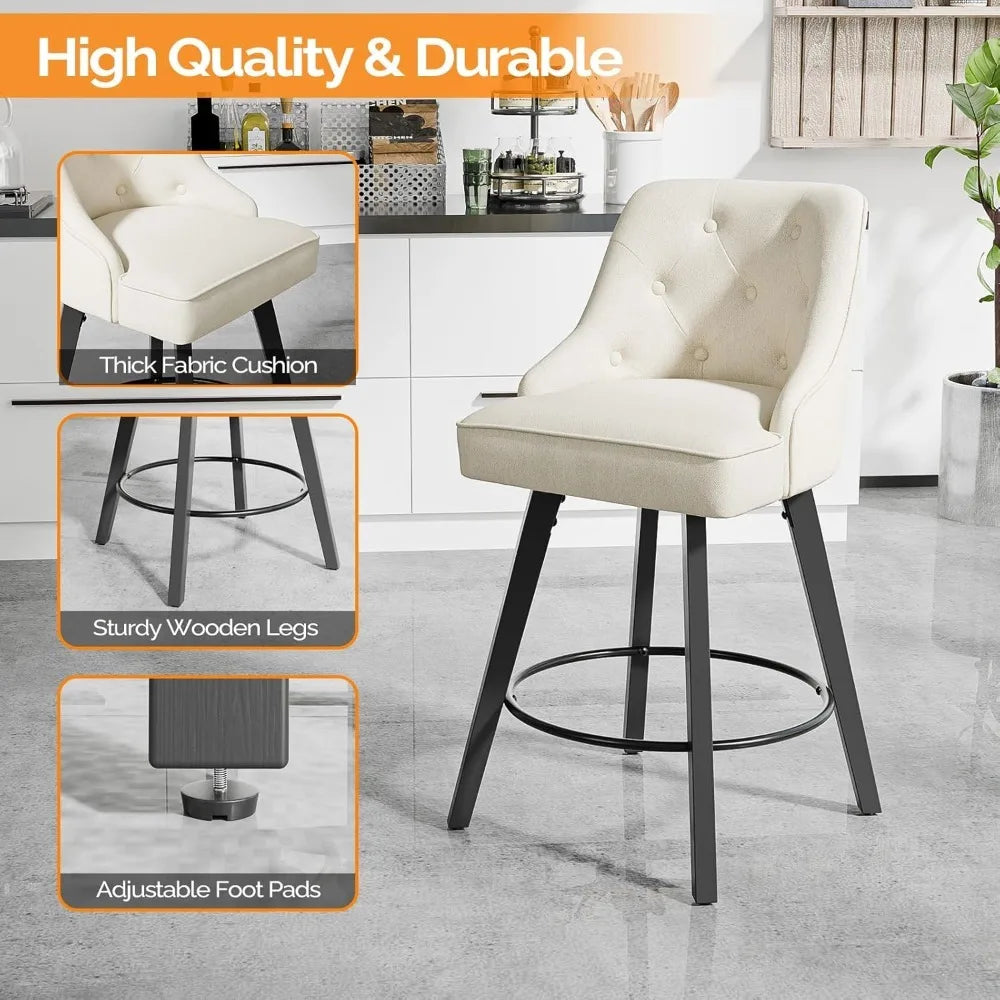 Swivel Linen Bar Stools With Back Counter Height Set 2