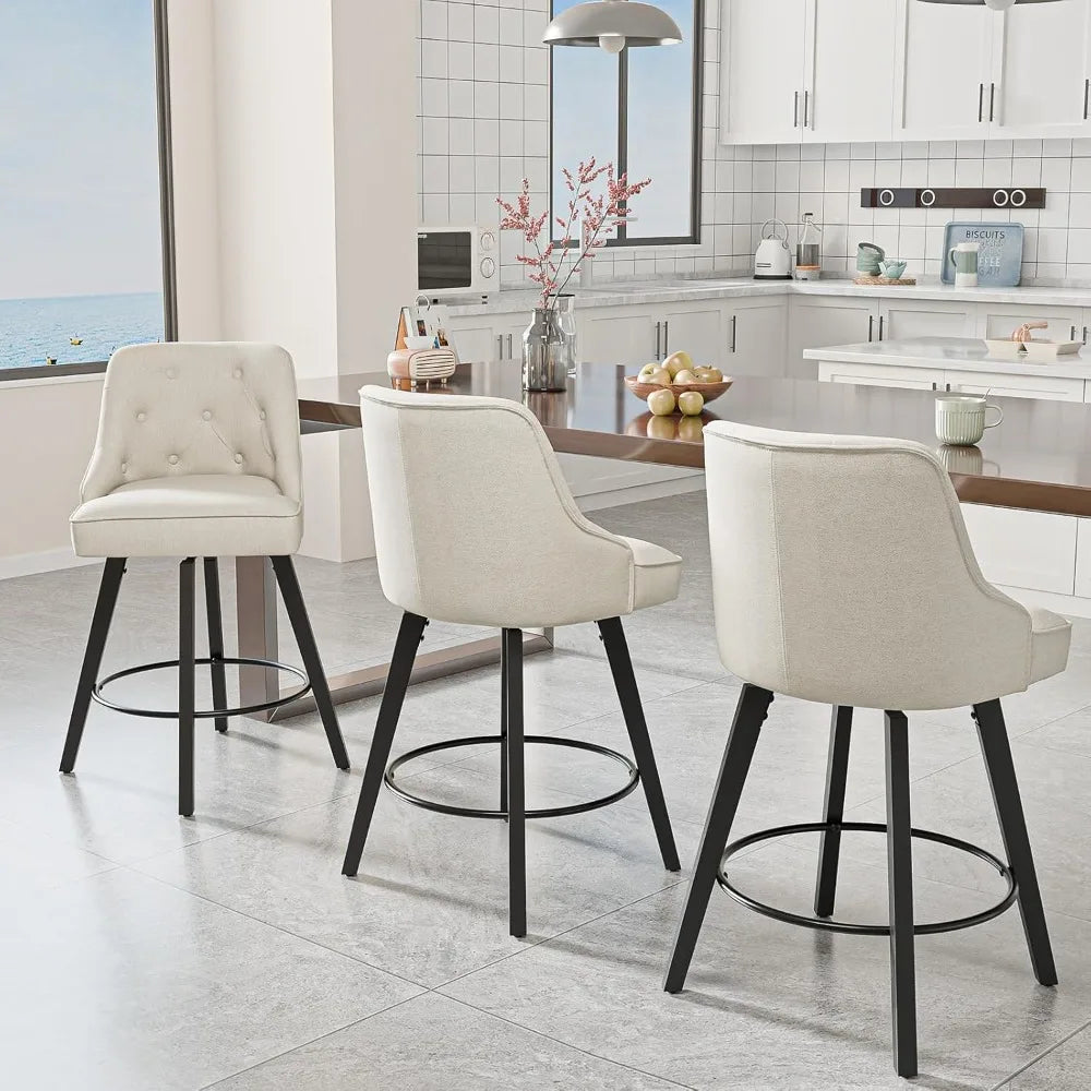 Swivel Linen Bar Stools With Back Counter Height Set 2