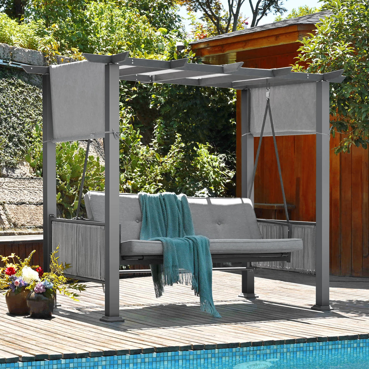 Outdoor Patio Swing Chair With Adjustable Curtains For Gardens