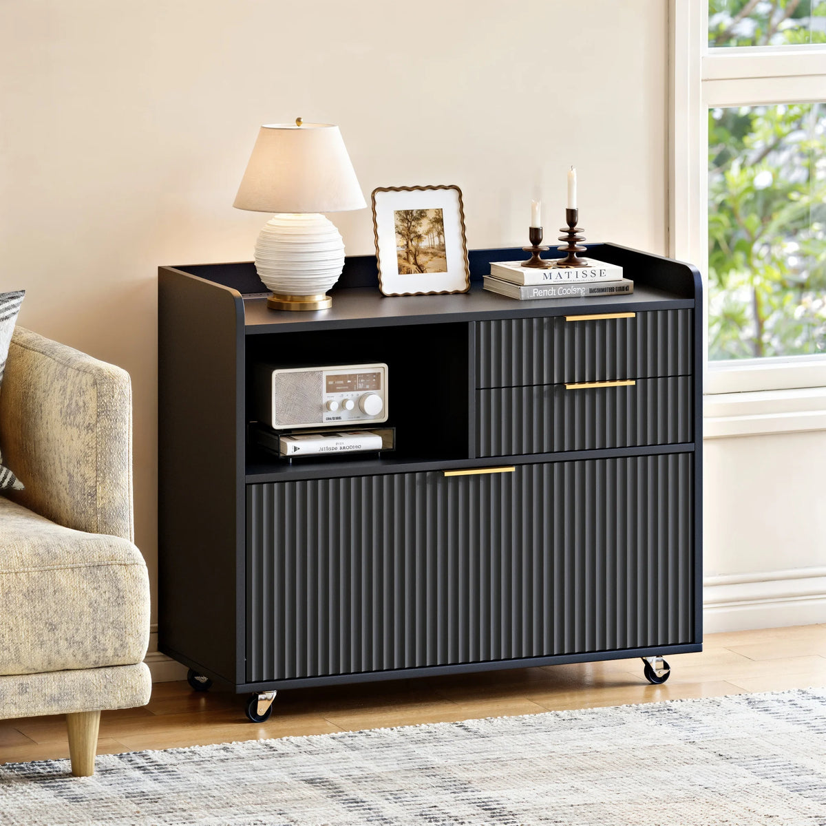 Mobile Office Filing Cabinet With Charging Station And Open Shelf