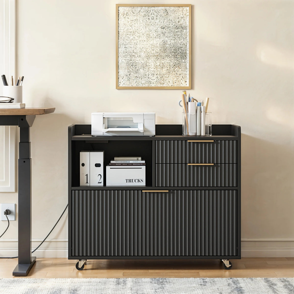 Mobile Office Filing Cabinet With Charging Station And Open Shelf