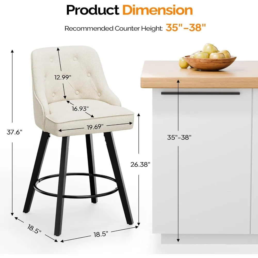 Swivel Linen Bar Stools With Back Counter Height Set 2