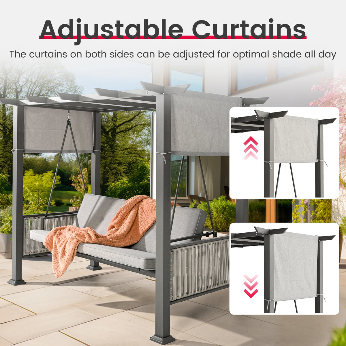 Outdoor Patio Swing Chair With Adjustable Curtains For Gardens