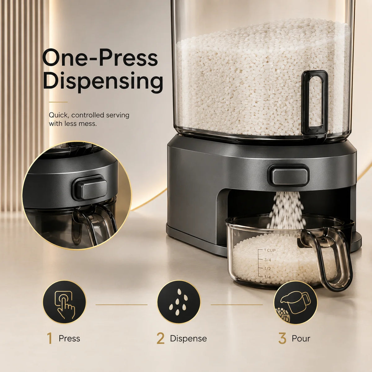 ONENOBLE Rice Dispenser Container With Measuring Cup For Dry Food