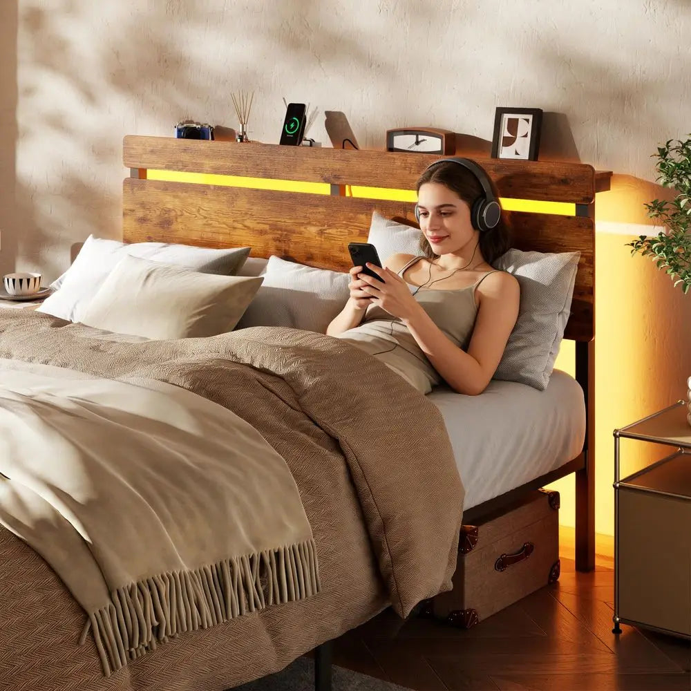 Wood Headboard Bed Frame With Storage Drawers And LED Lights