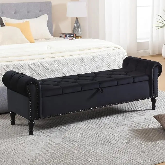 Velvet Tufted Storage Bench With Arms For Bedroom Living Room