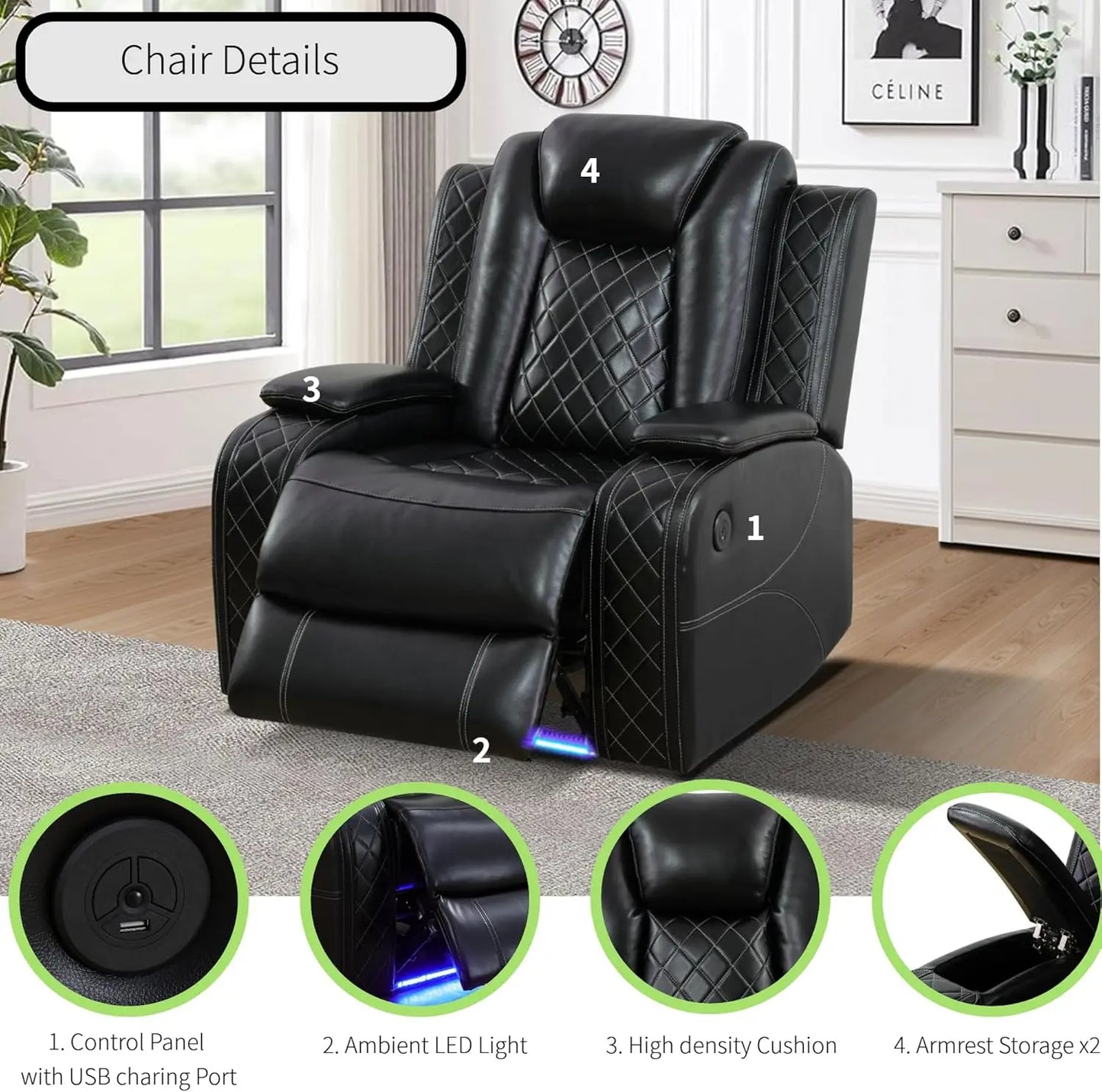 Power Recliner Sectional Sofa With LED Light For Living Room