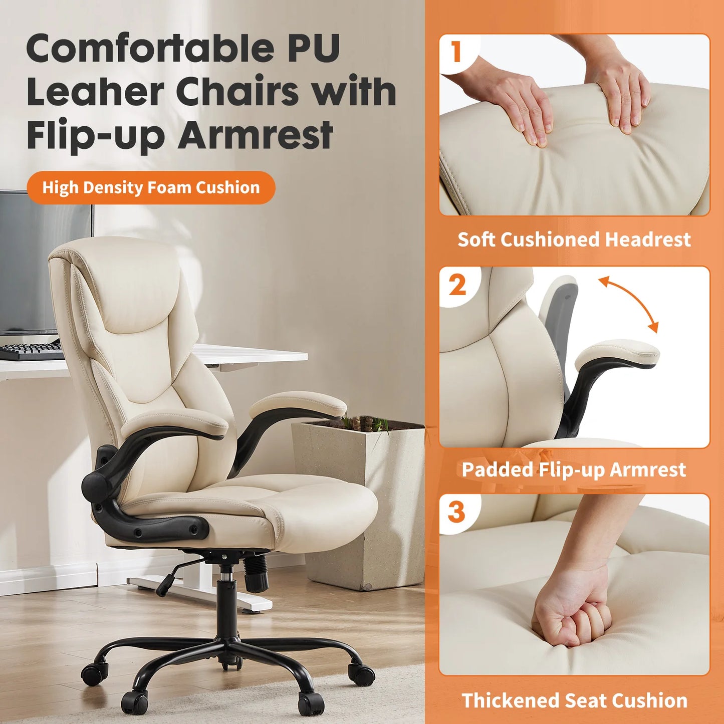 JHK Ergonomic Office Chair With FlipUp Arms And PU Leather