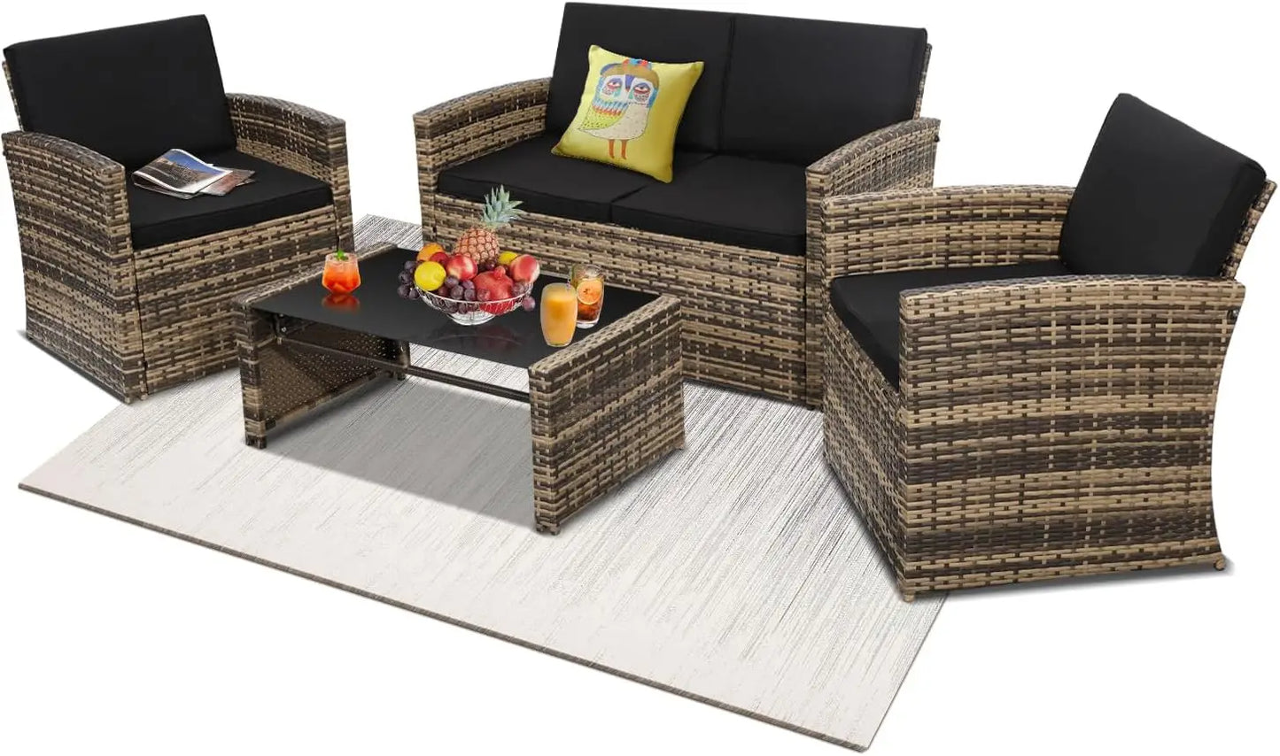 Outdoor 4 Piece Patio Conversation Set Rattan Sectional Sofa Cushioned