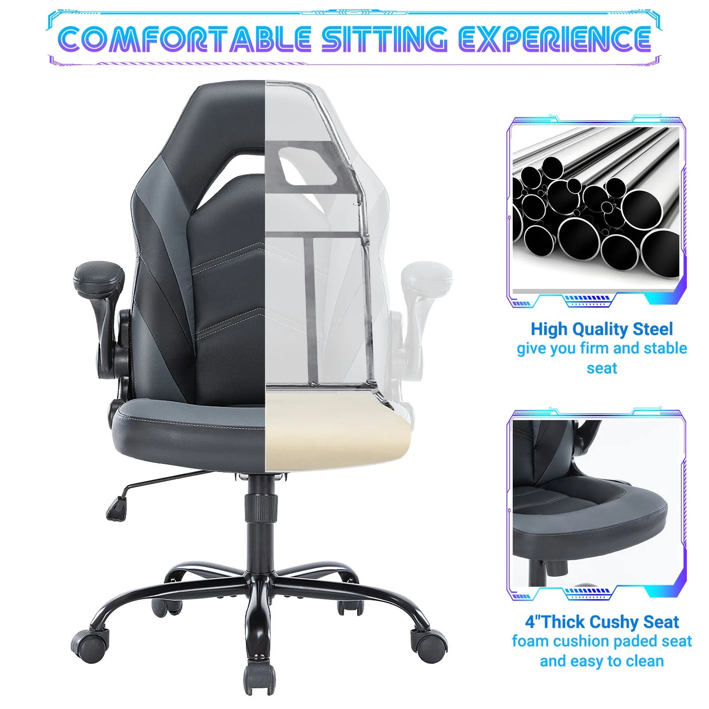 JHK Ergonomic Chair PU Leather Desk Chair Flip Up Armrests
