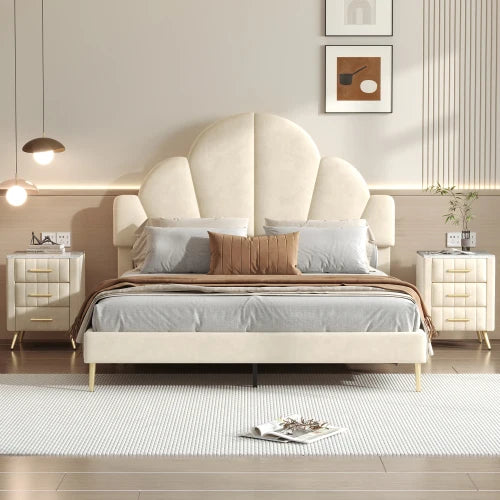 Velvet Upholstered Bed Frame 3 Piece Bedroom Set Petal Headboard