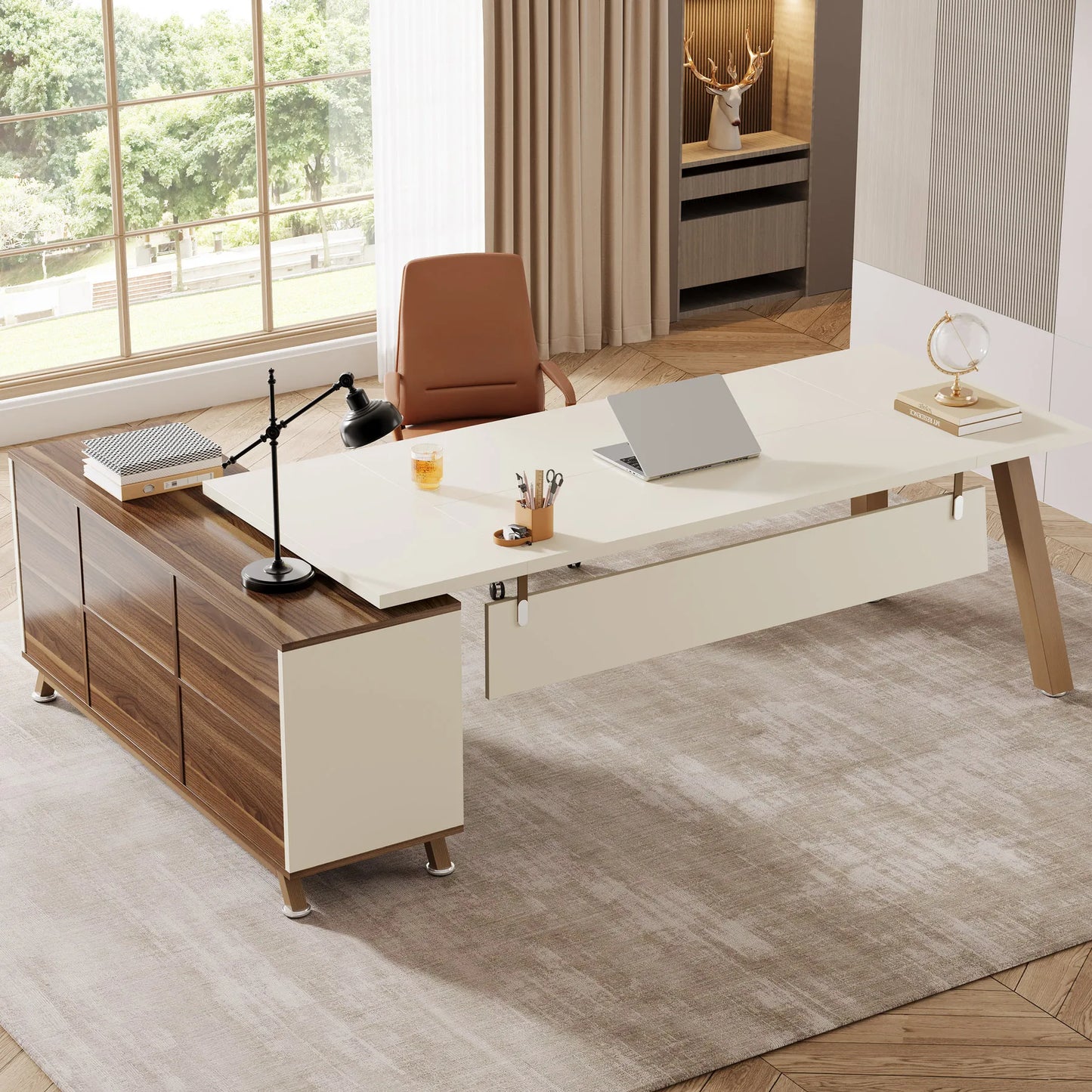 Tribesigns Executive L Shaped Desk With Cabinet And Shelves