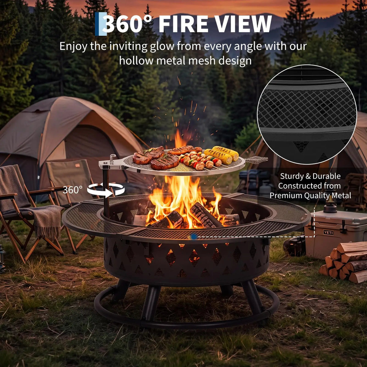 HiMISS Wood Burning Fire Pit With Grill And Mesh Guard