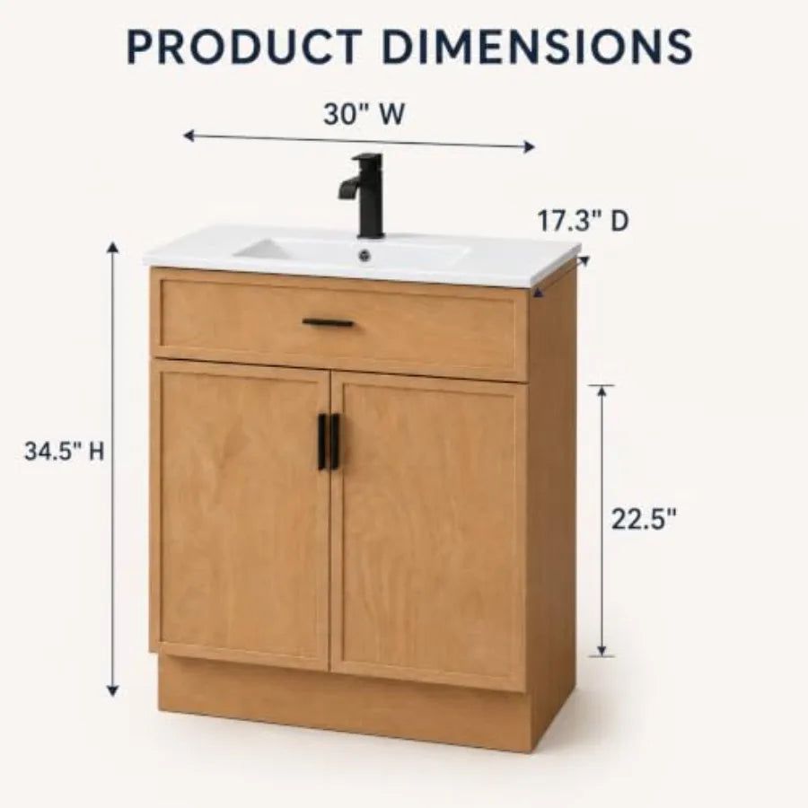 Bathroom Vanity With Ceramic Sink And Water Resistant Wood Cabinet