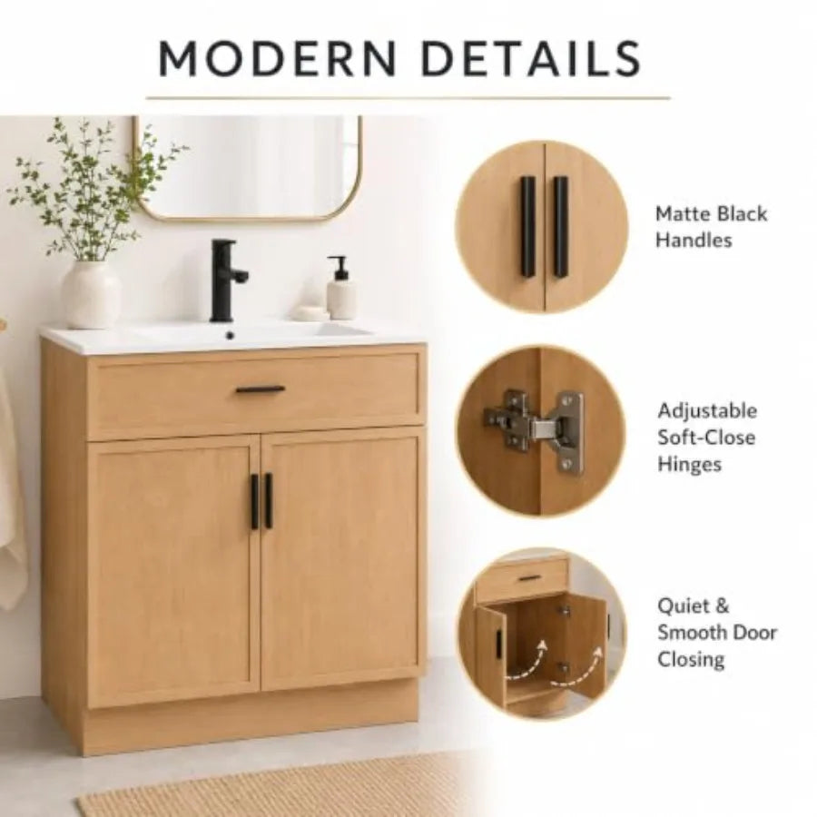 Bathroom Vanity With Ceramic Sink And Water Resistant Wood Cabinet