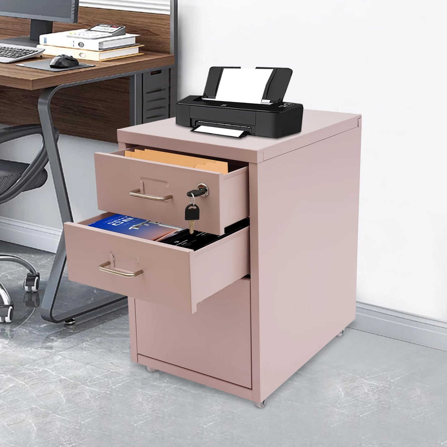 Bymaocar Metal File Cabinet With Wheels Three Drawer Rolling Office And Home Organizer