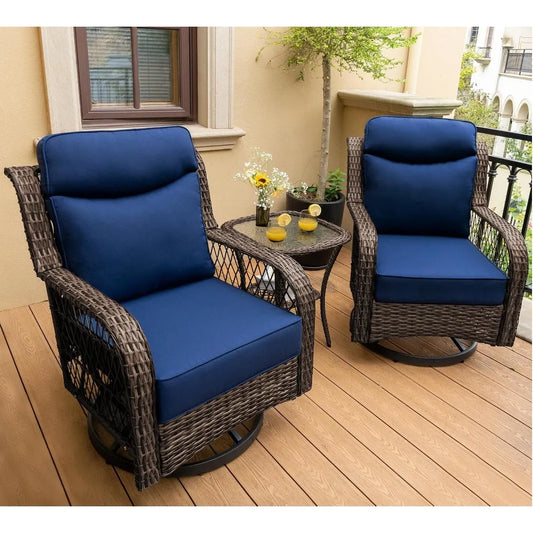 Outdoor Swivel Rocker Chair 3 Piece Set With Rattan Side Table Thick Cushions