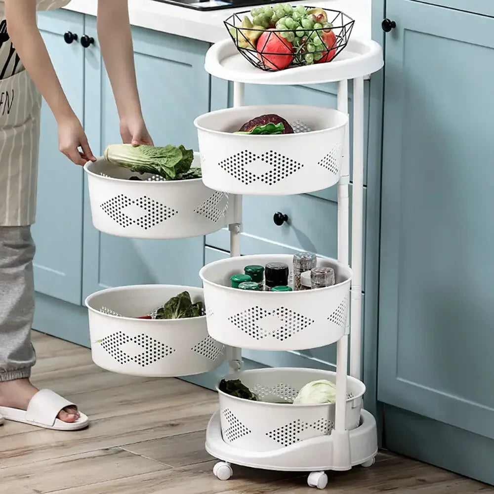 5 Tier Rotating Kitchen Organizer Rack With Wheels For Fruit Vegetables