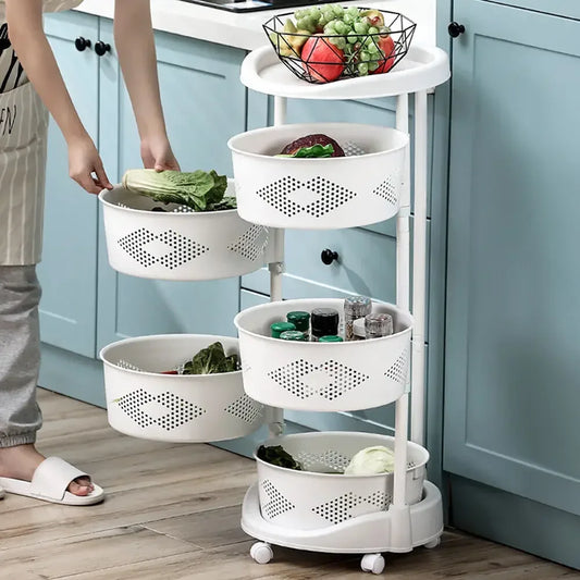 5 Tier Rotating Kitchen Organizer Rack With Wheels For Fruit Vegetables