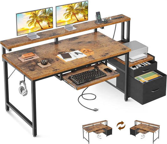 L Shaped Office Desk With Power Center And Drawers