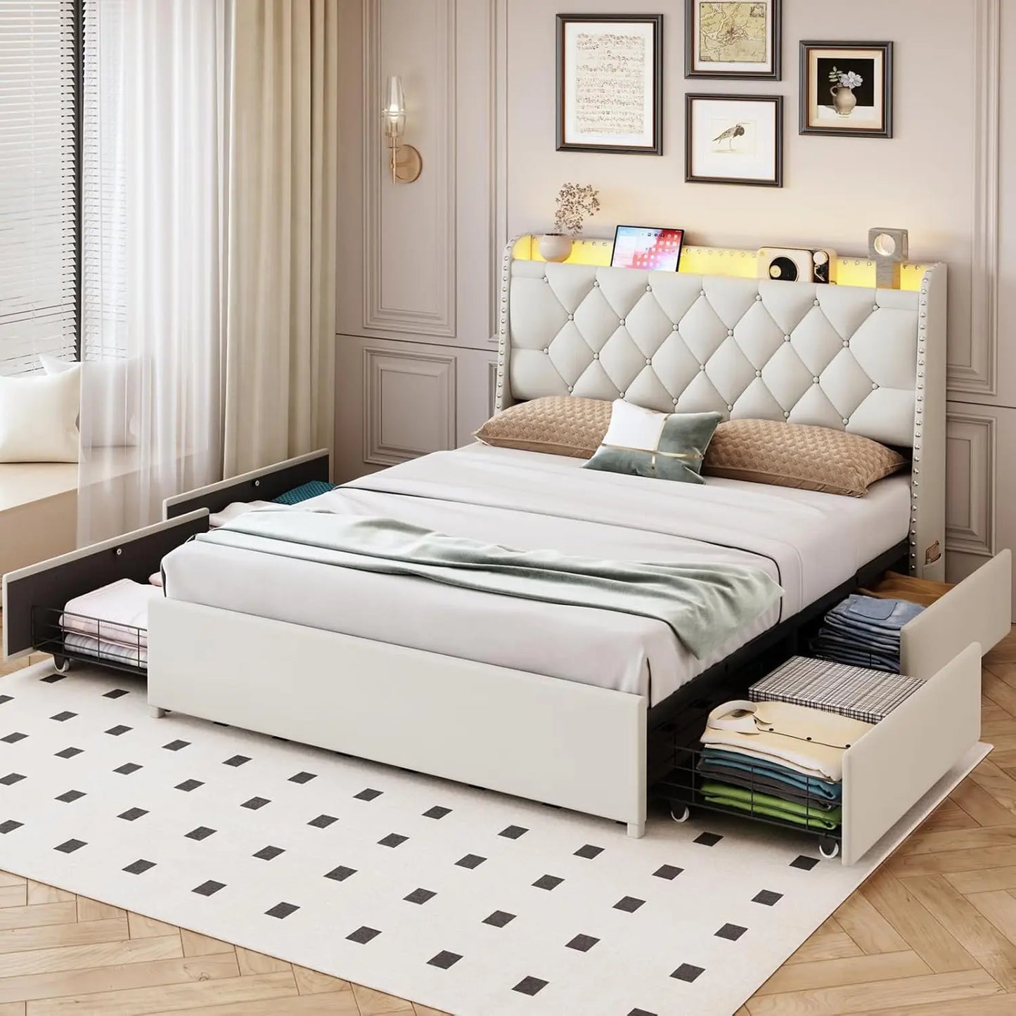 Platform Bed Frame With Storage Headboard And USB Charging