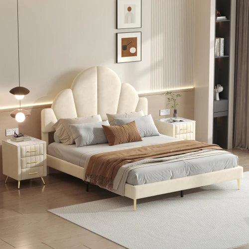 Velvet Upholstered Bed Frame 3 Piece Bedroom Set Petal Headboard