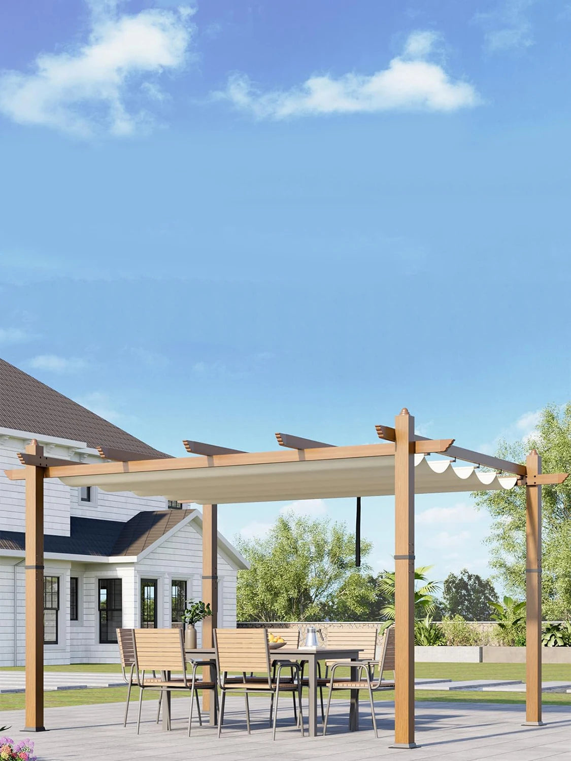 HiMISS Outdoor Pergola With Retractable Canopy Faux Wood Gazebo