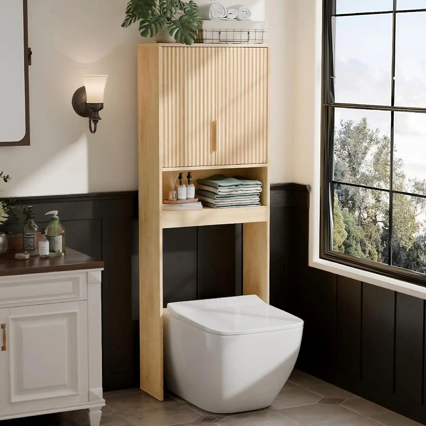 Over The Toilet Storage Cabinet Fluted Doors Mid Century Modern