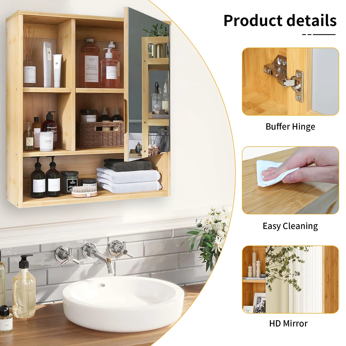 Wisfor Wall Medicine Cabinet Bamboo Bathroom Mirror Storage