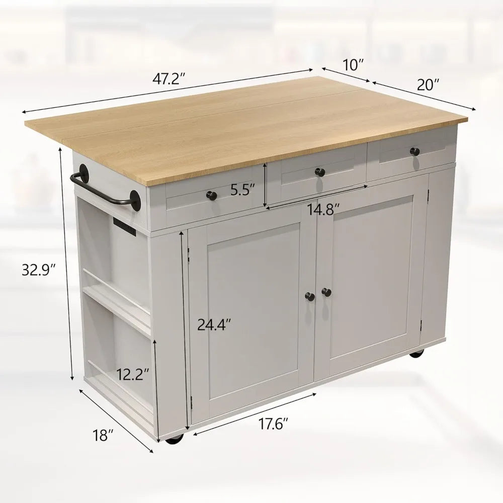 Rolling Kitchen Cart With Wood Top And Storage Cabinet