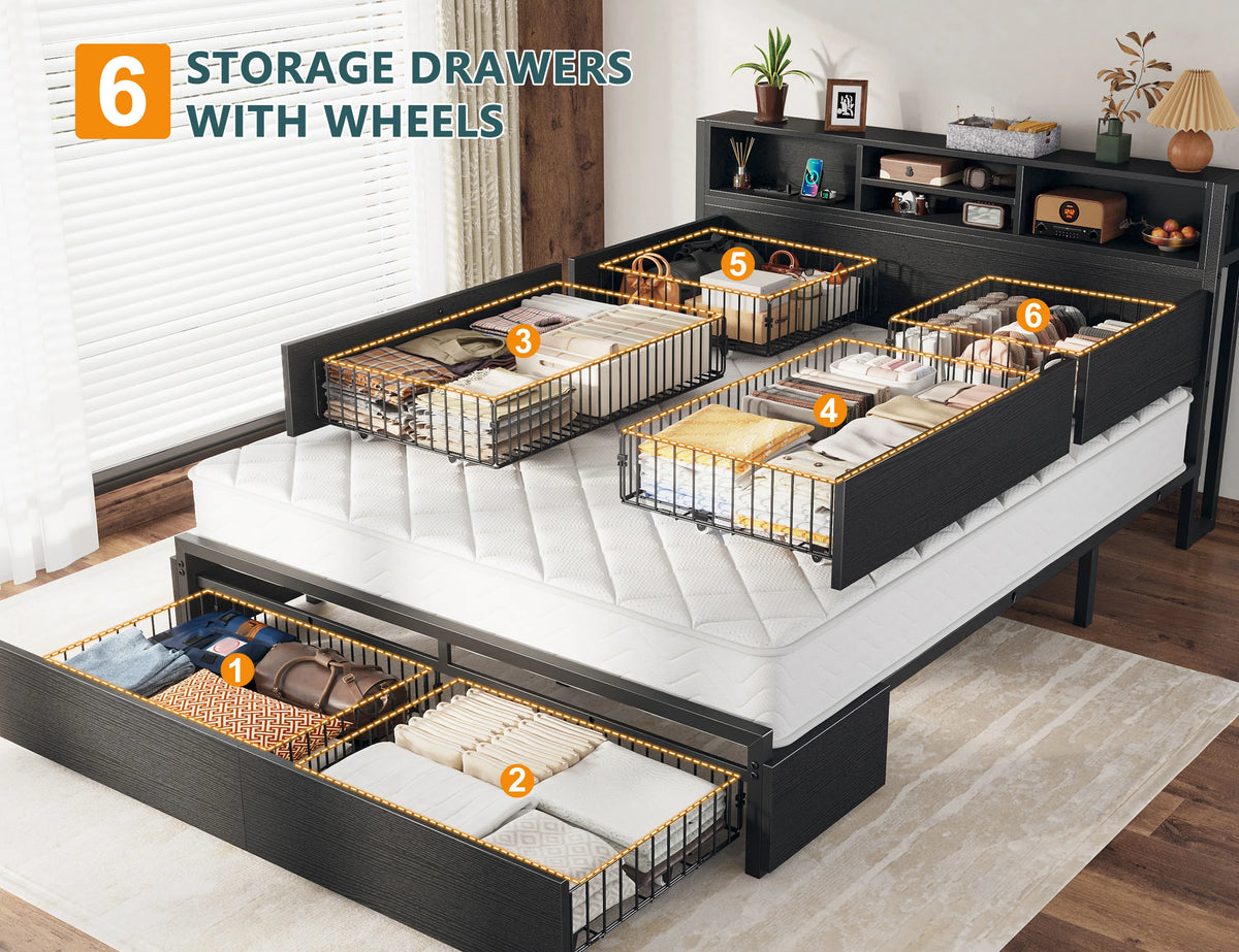 EnHomee Metal Bed Frame With Storage Drawers And Charging Station