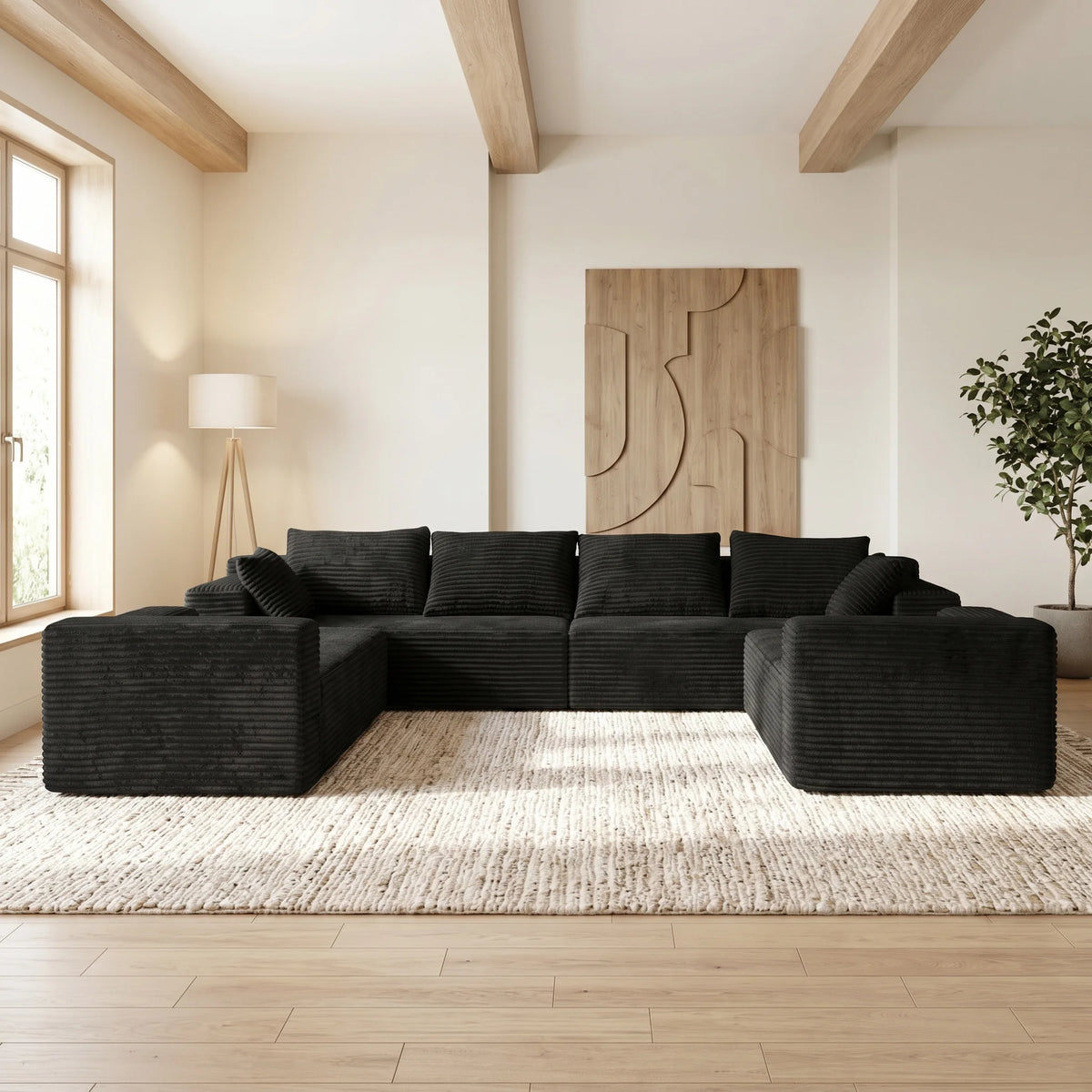 U Shaped Corduroy Sectional Sofa Deep Seat Cloud Couch
