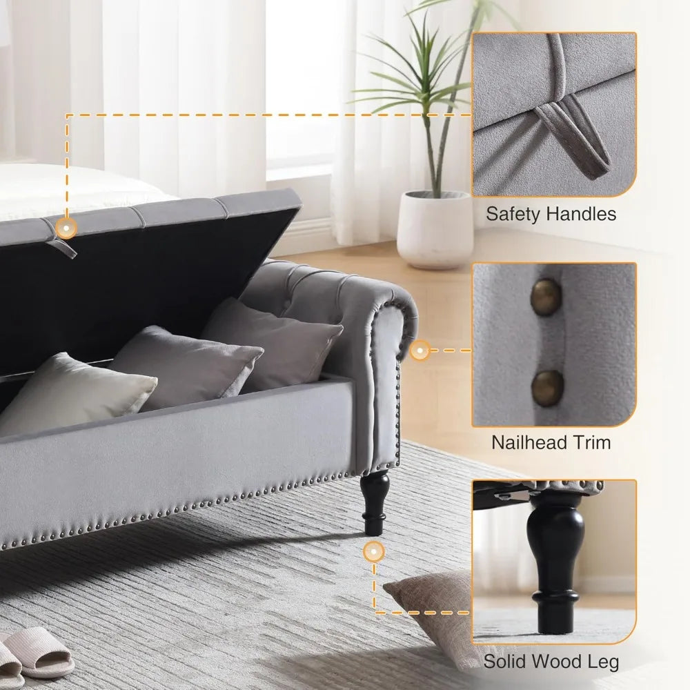 Velvet Tufted Storage Bench With Arms For Bedroom Living Room